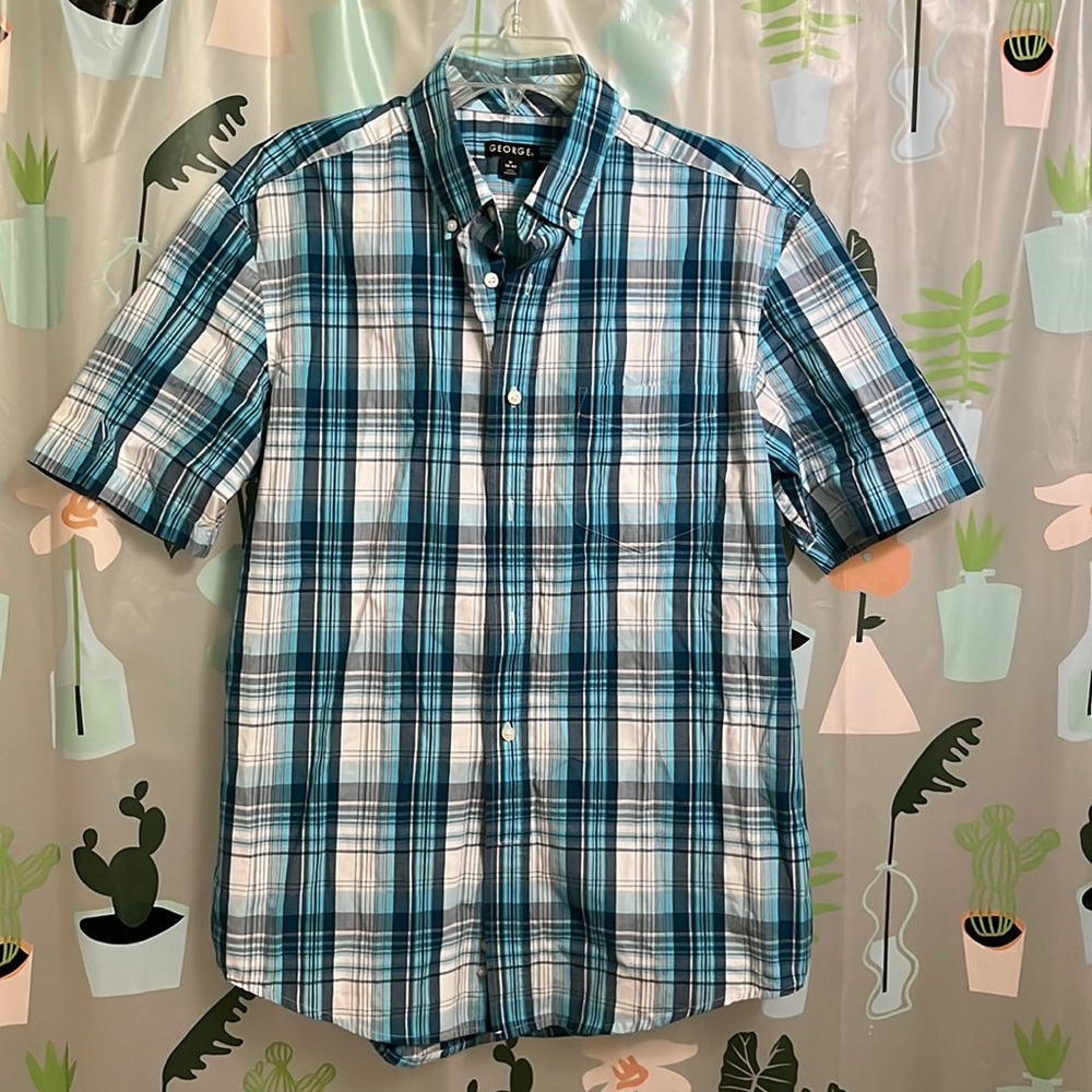 Men’s George classic fit button up blue plaid dress shirt
